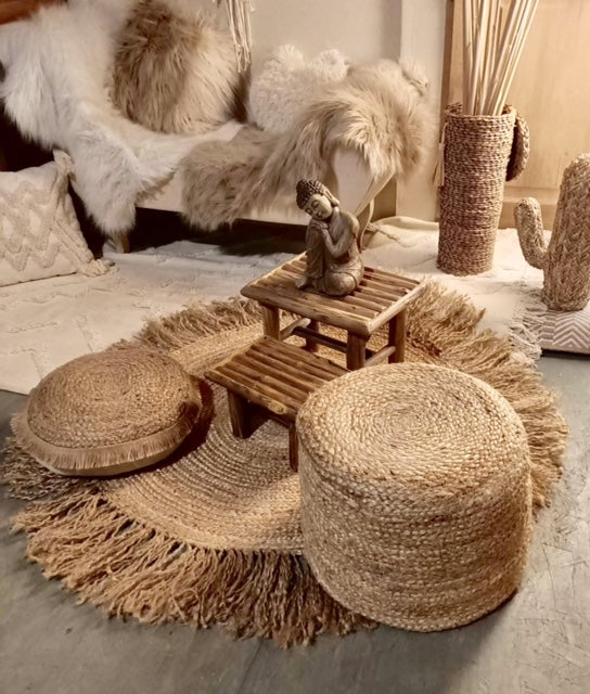 Tapis jute rond à franges nouées à la main