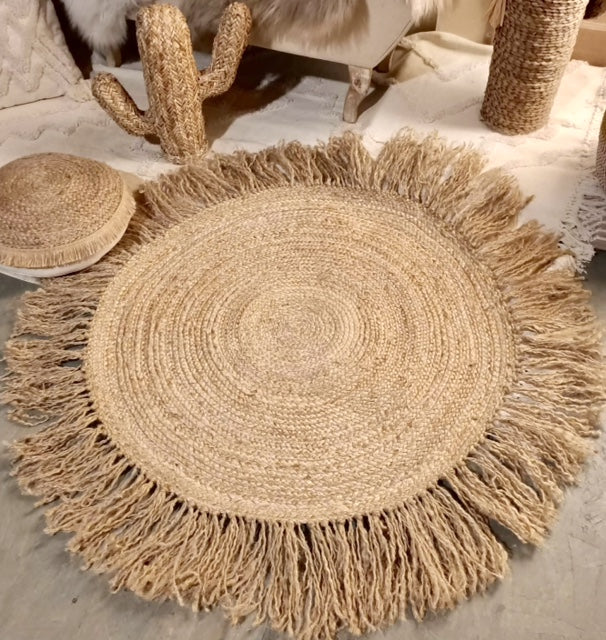 Tapis jute rond à franges nouées à la main