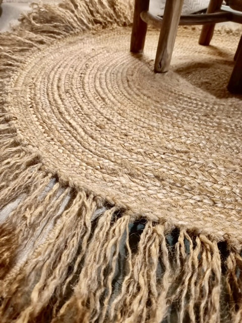 Tapis jute rond à franges nouées à la main